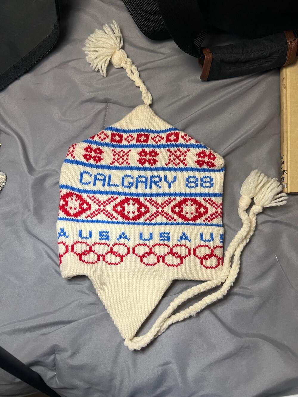 Vintage 1988 Calgary Winter Olympics USA Knit Earflap Beanie Hat